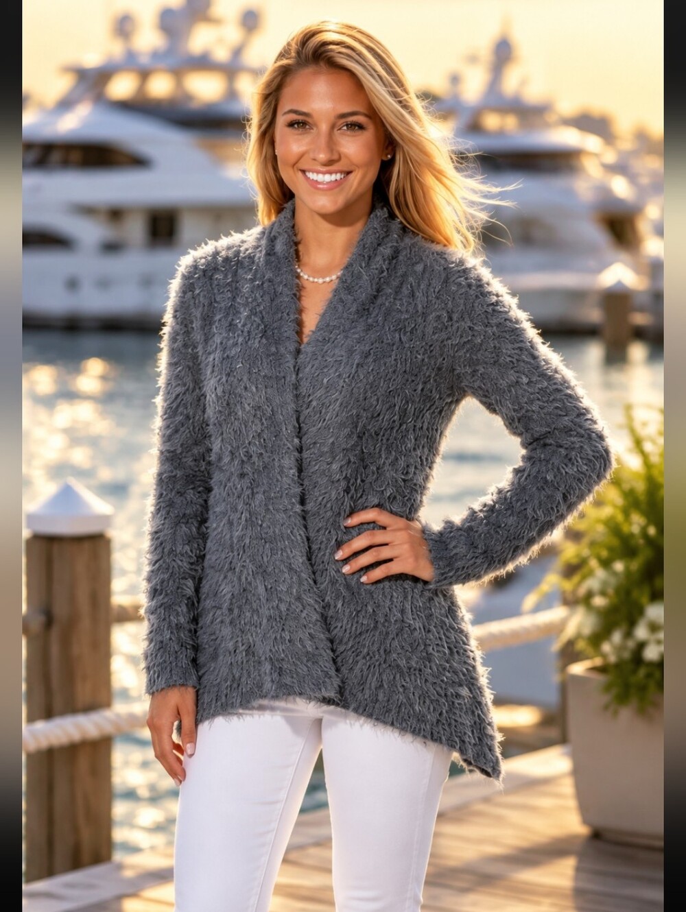 Escio Chic Gray Open Knit Back Fuzzy Material Women's Cardigan Size Small